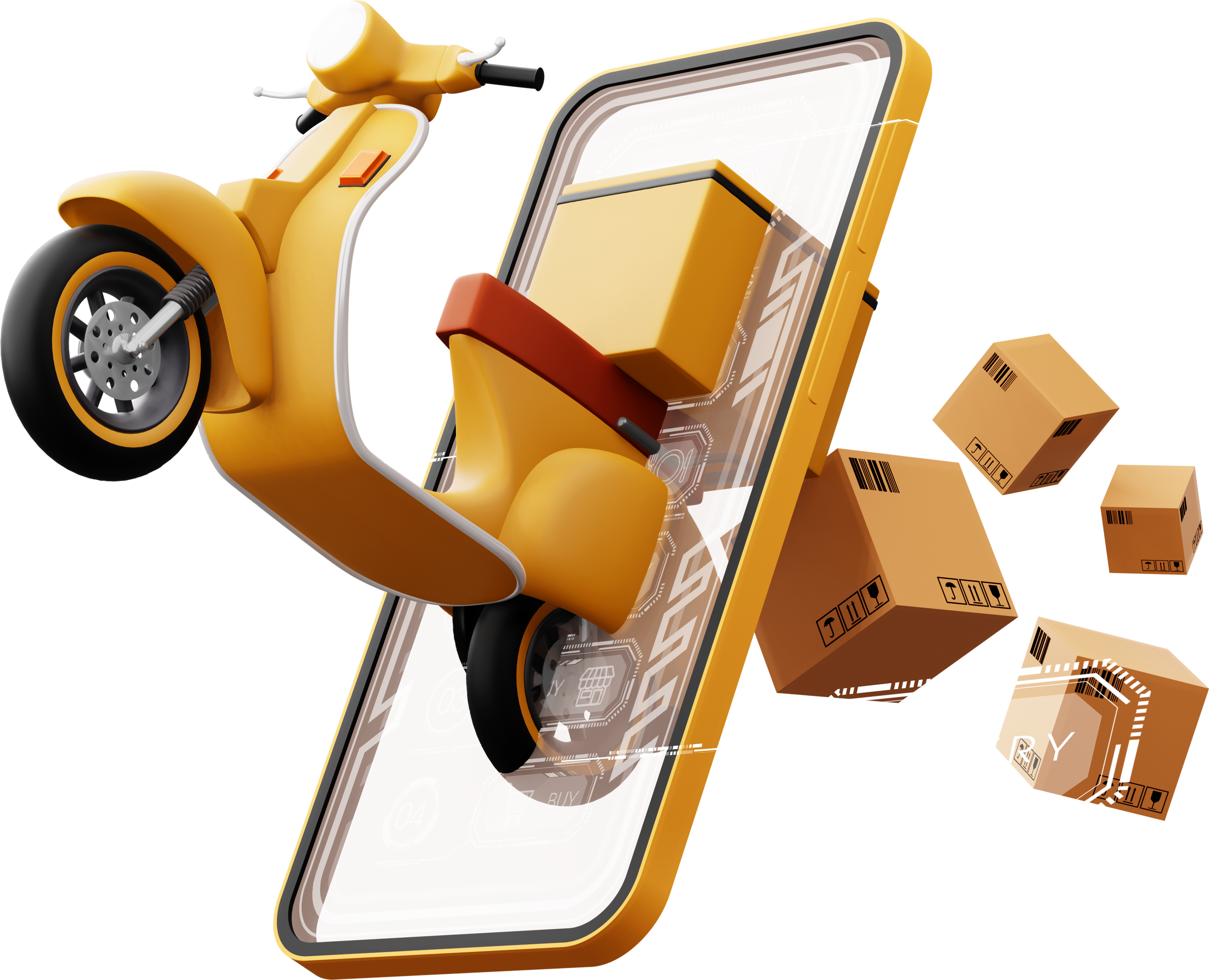 Delivery Courier service, online shopping, motorcycle with parcel box, 3d rendering